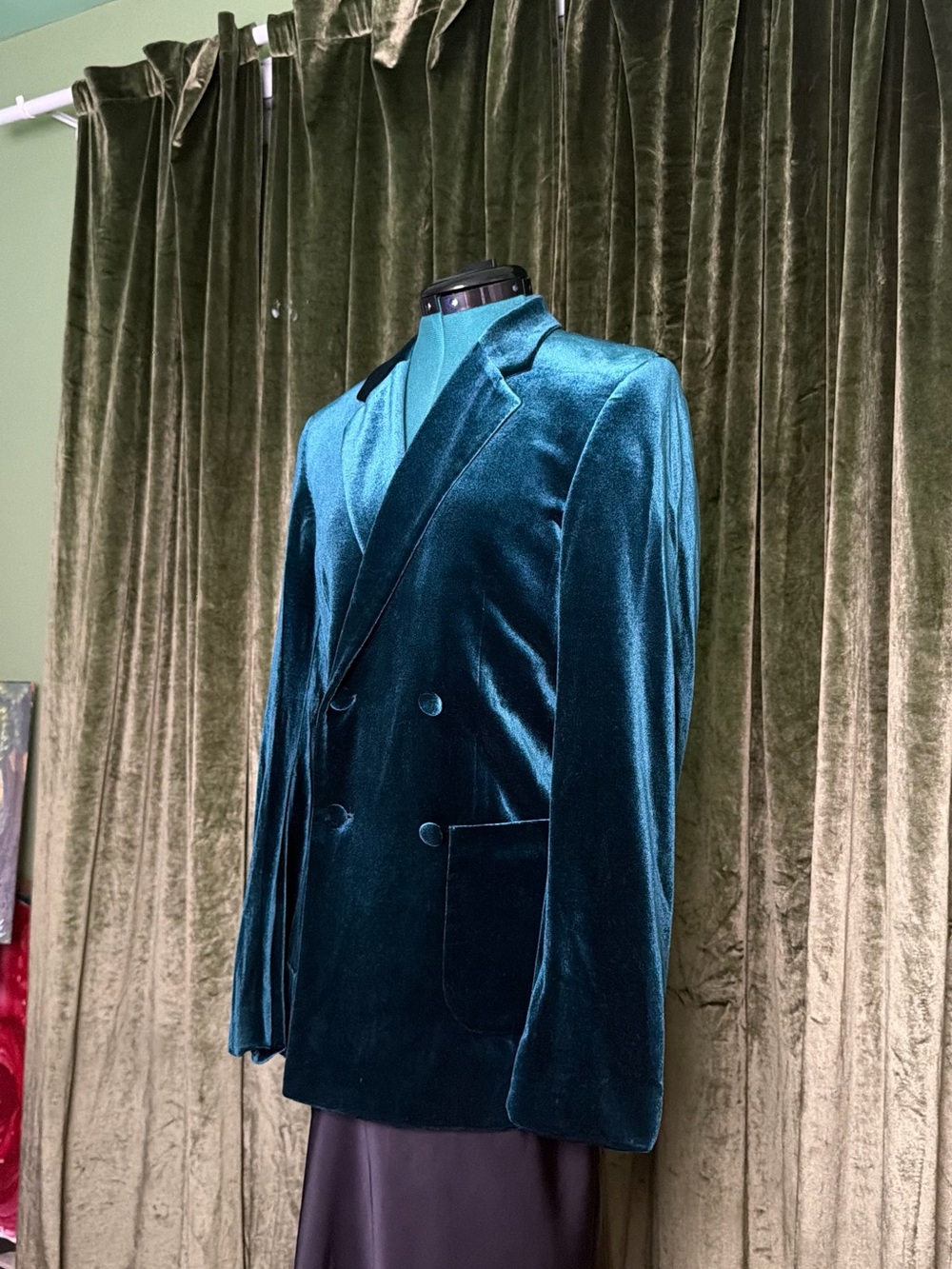Men's Emerald Green/Teal Velvet Double-Breasted Blazer